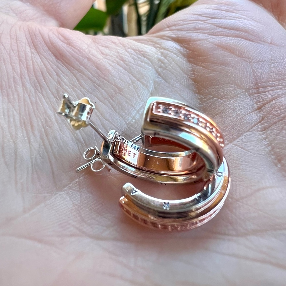 Pandora Logo Two tone & Pavé Hoop Earrings - Picture 8 of 10